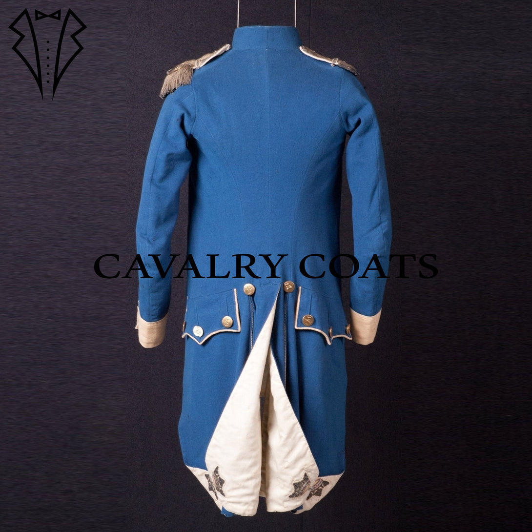 Handmade 1700s-style French cavalry uniform coat with contrasting blue and beige fabric