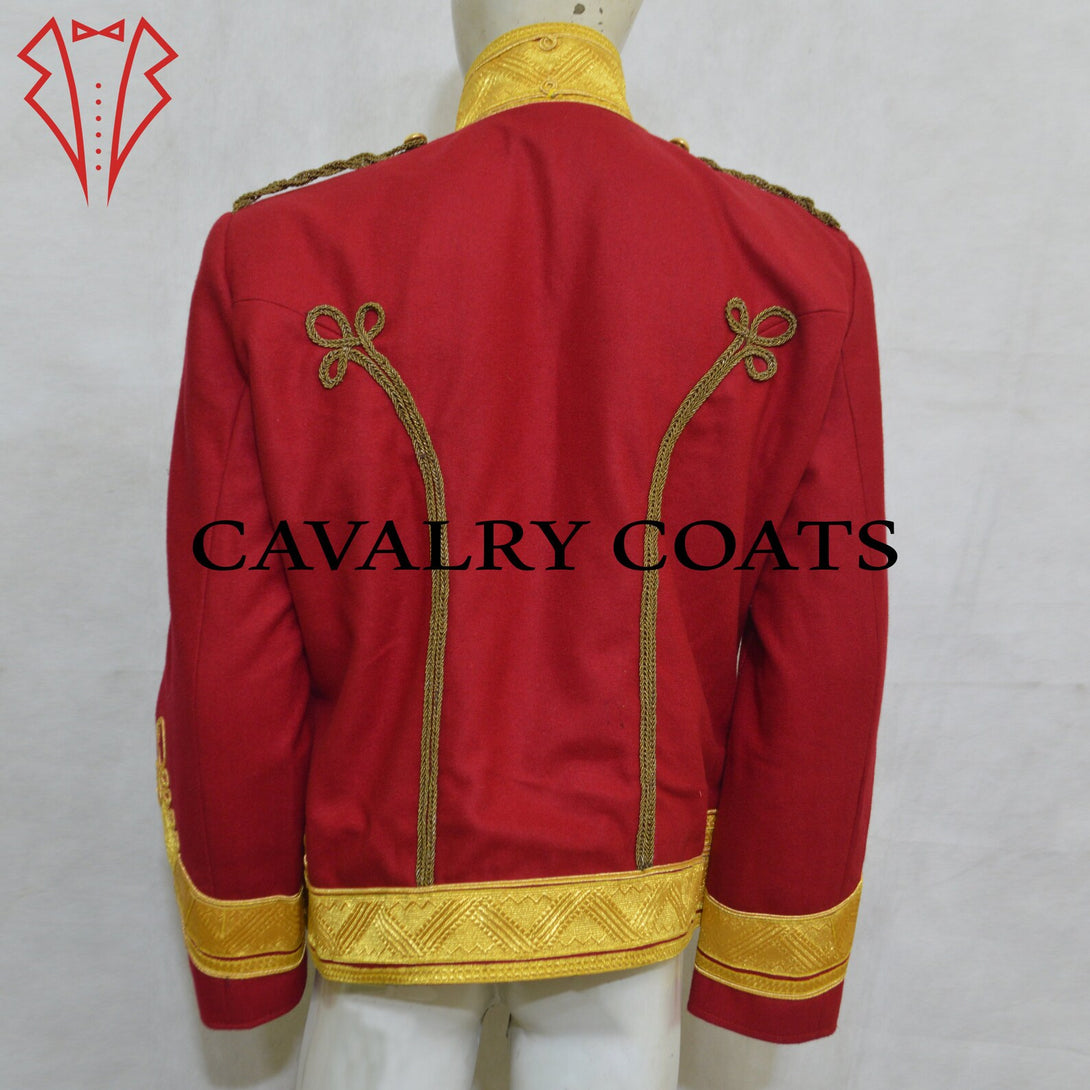Vintage red wool hussar costume jacket with decorative embroidery and button accents.