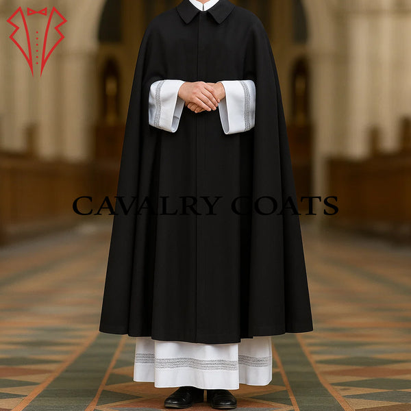 Women Clergy Cloak in black wool – traditional church priest clerical attire.
