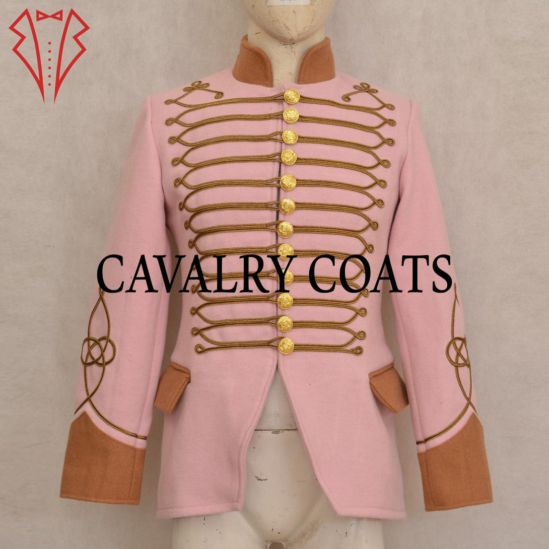 Women’s pink wool hussar jacket with brown cuffs, collar, and gold embroidery.