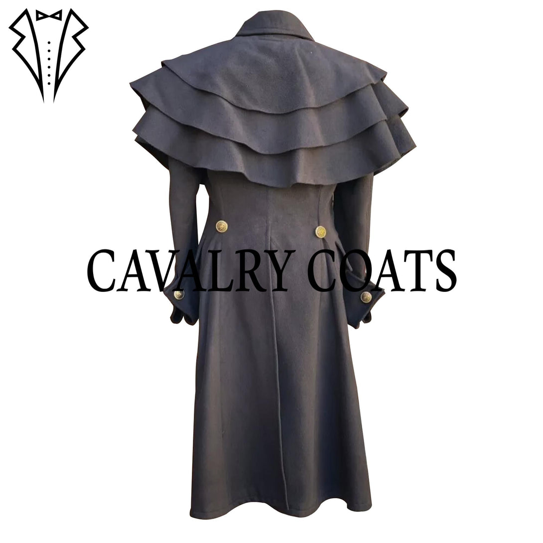 Garrick-style overcoat featuring multiple cape layers and period-accurate detailing.