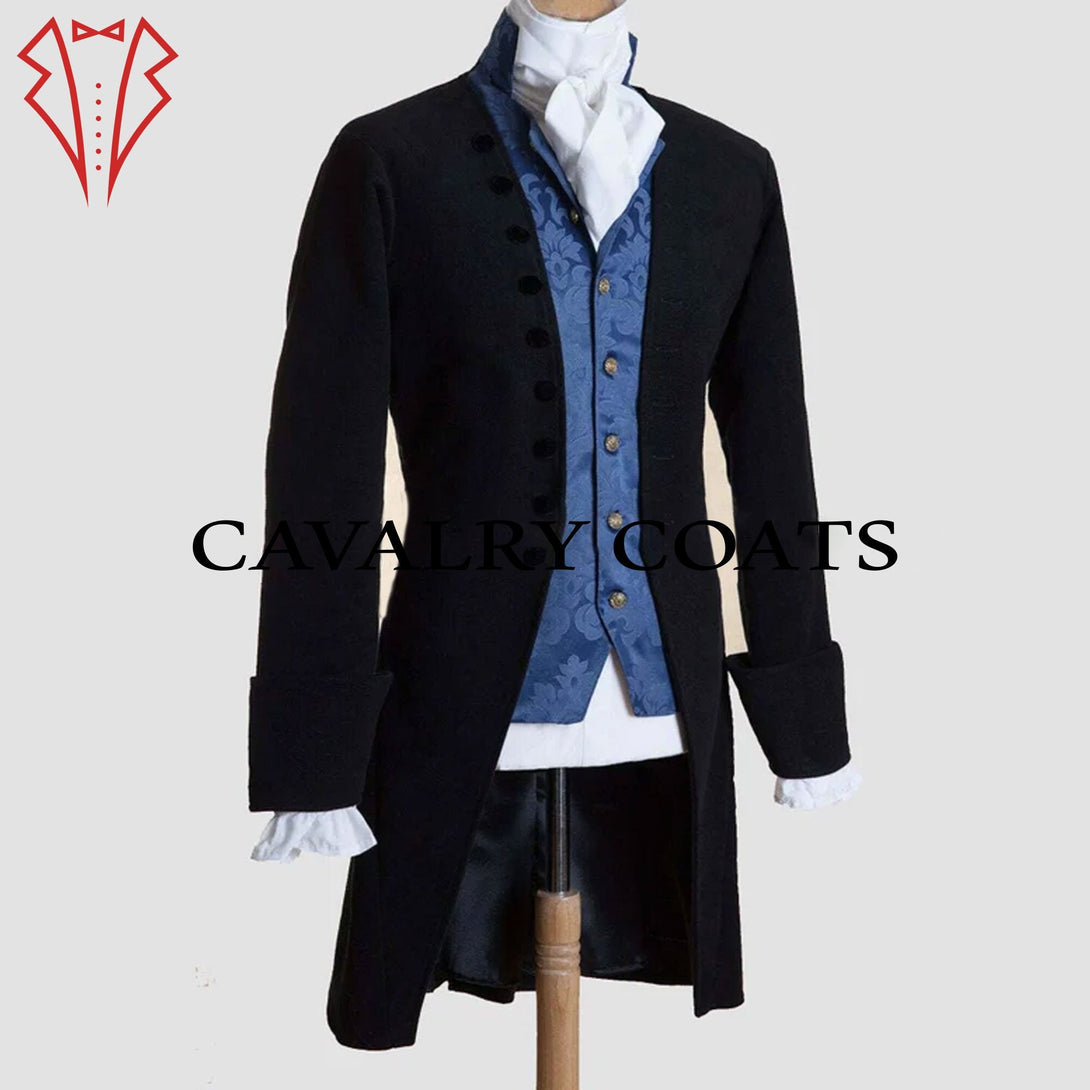 Men’s black wool 18th century frock coat replica with brass buttons