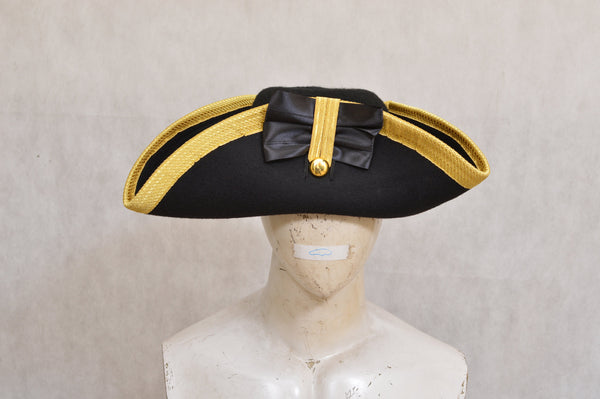 Black Wool Tricorn Hat with Gold Trim – Perfect for Reenactments & Events