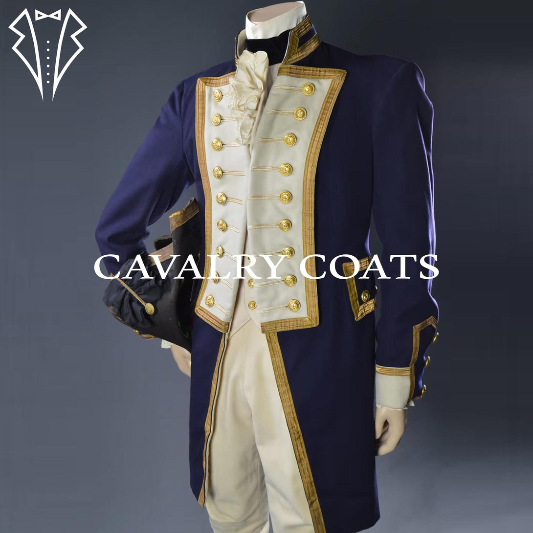 18th century Royal Naval officer uniform replica in navy wool with gold trim