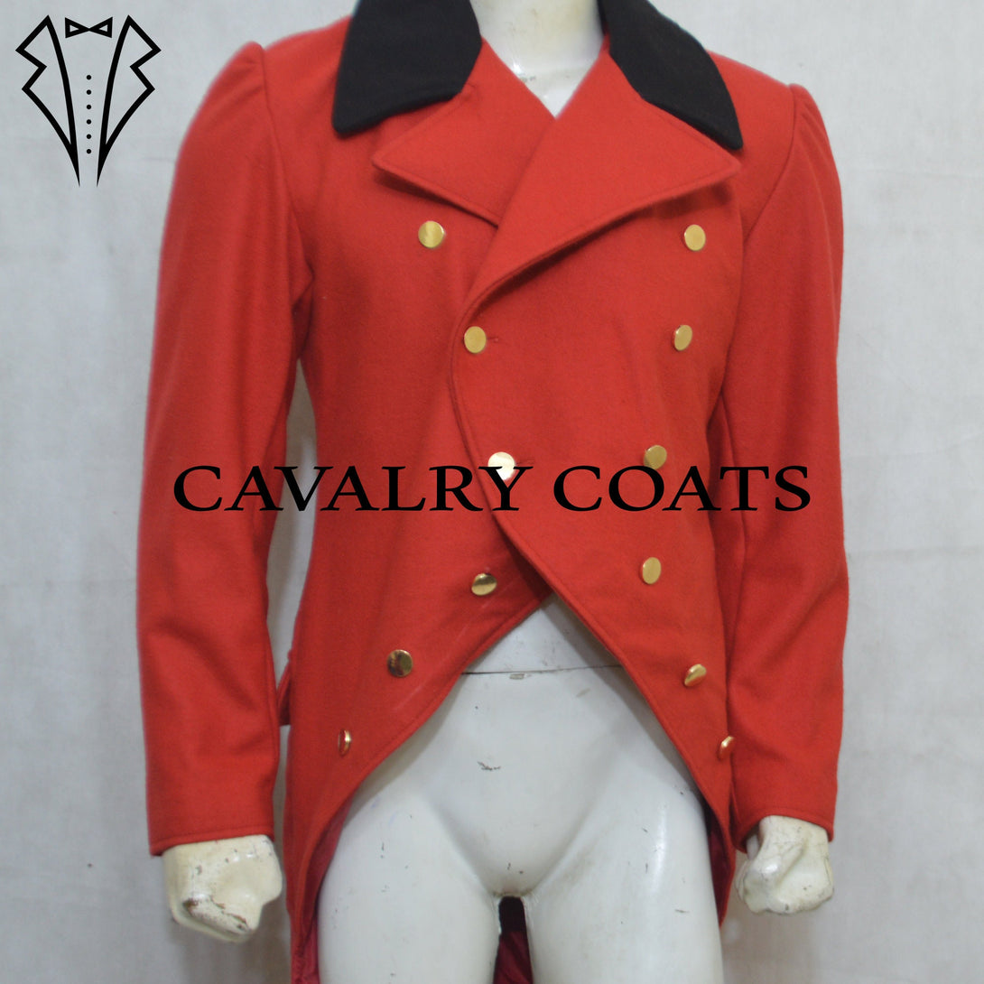 Close-up of men’s red wool period costume tailcoat